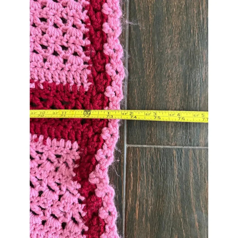Vintage 1970s Pink Magenta Striped Crocheted Afghan Blanket Throw